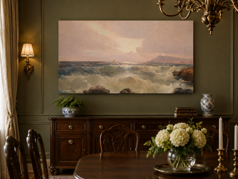 Peinture à l'huile de paysage - Décor océanique et vagues côtières au crépuscule