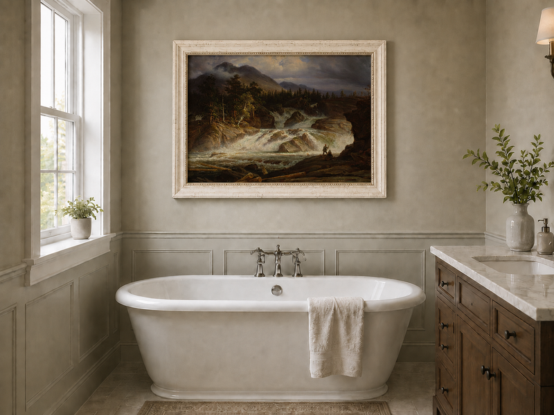Landscape Oil Painting - Stormy Mountain Waterfall with Fishermen