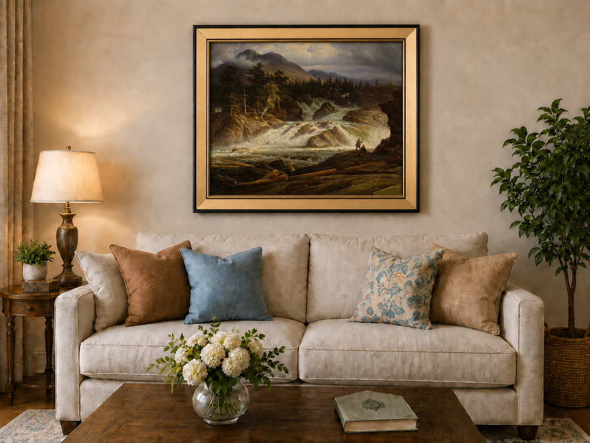 Landscape Oil Painting - Stormy Mountain Waterfall with Fishermen