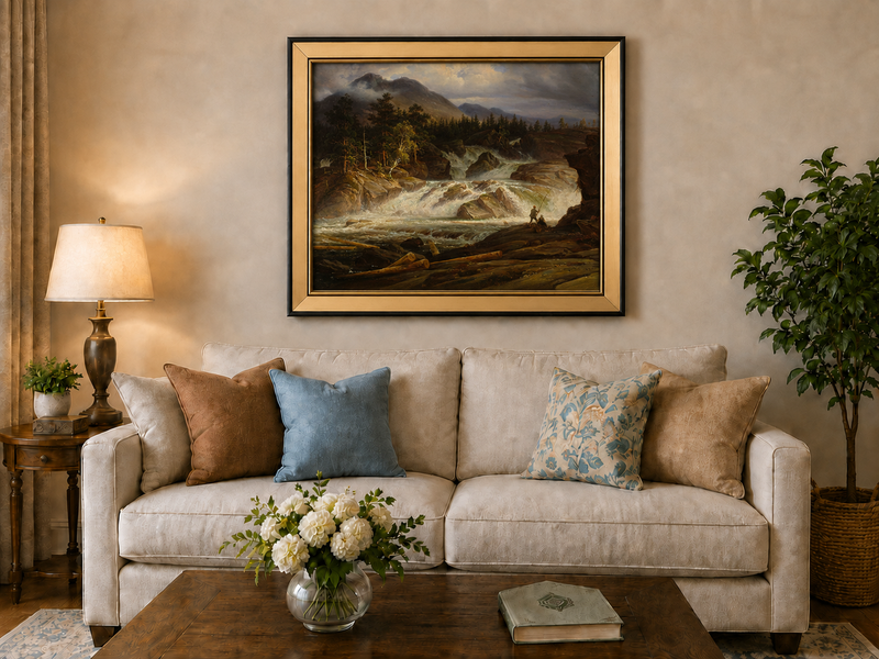 Landscape Oil Painting - Stormy Mountain Waterfall with Fishermen
