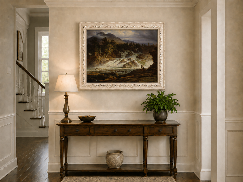 Landscape Oil Painting - Stormy Mountain Waterfall with Fishermen