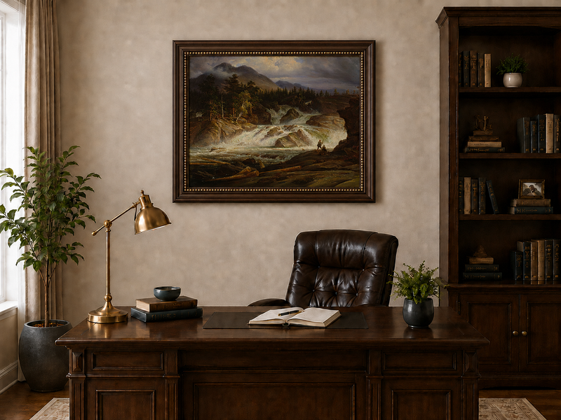 Landscape Oil Painting - Stormy Mountain Waterfall with Fishermen