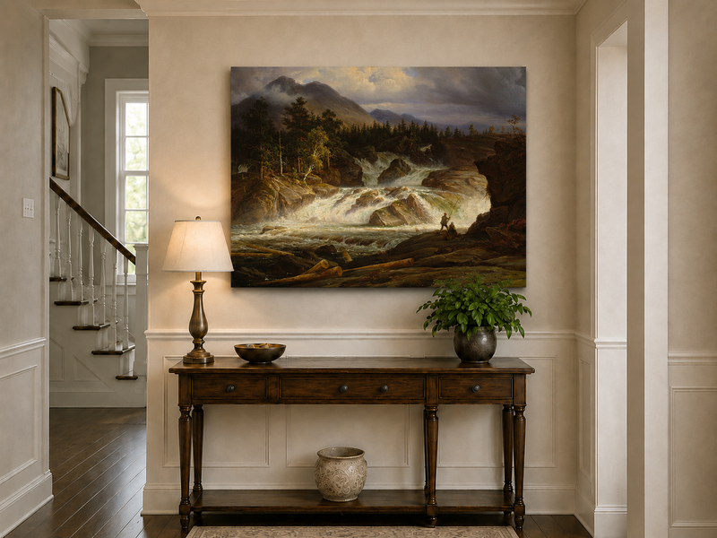 Landscape Oil Painting - Stormy Mountain Waterfall with Fishermen