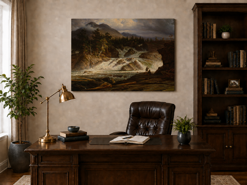 Landscape Oil Painting - Stormy Mountain Waterfall with Fishermen