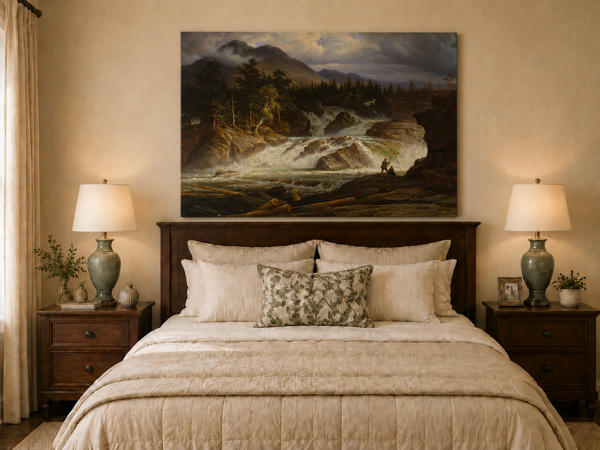 Landscape Oil Painting - Stormy Mountain Waterfall with Fishermen