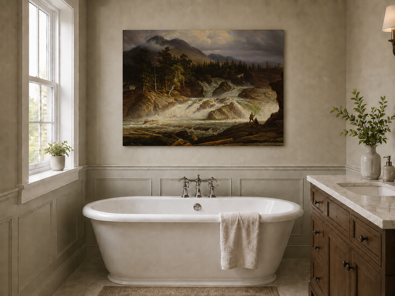 Landscape Oil Painting - Stormy Mountain Waterfall with Fishermen