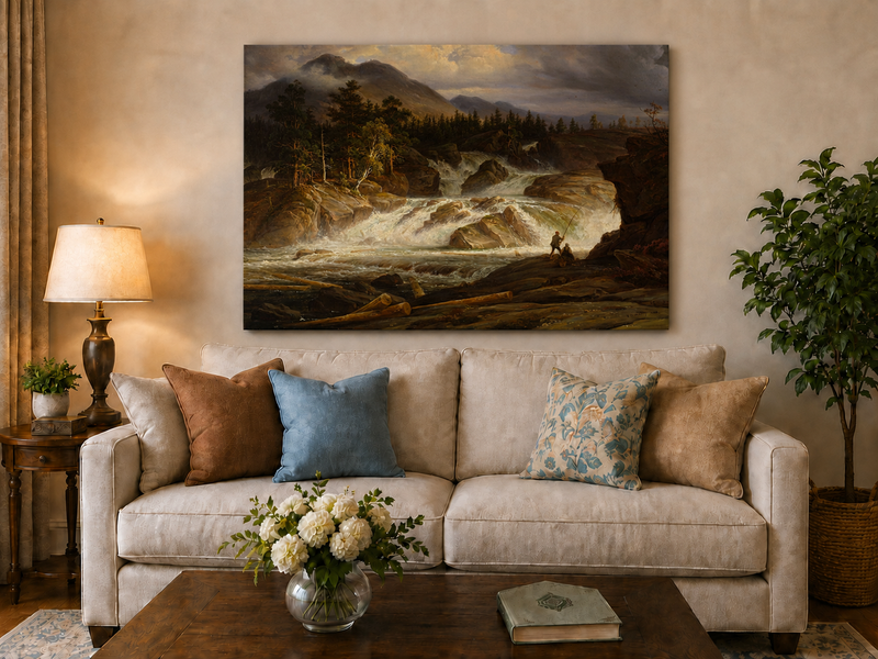 Landscape Oil Painting - Stormy Mountain Waterfall with Fishermen