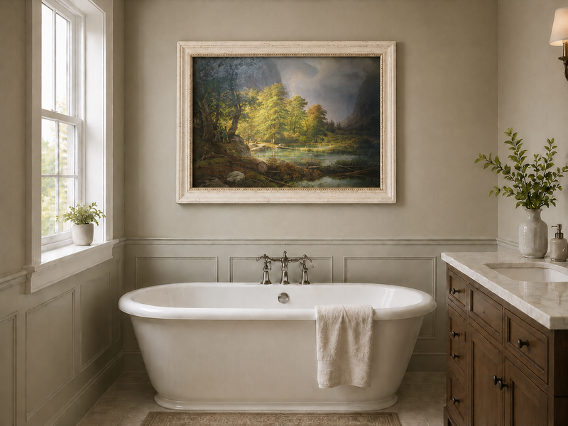 Landscape Oil Painting - Sunlit Forest Lake with Hunter and Mist