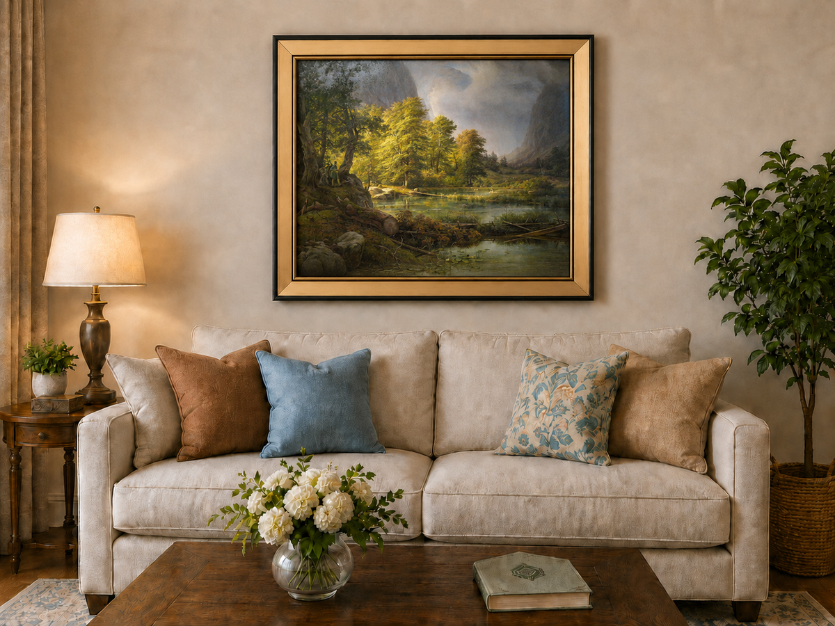 Landscape Oil Painting - Sunlit Forest Lake with Hunter and Mist