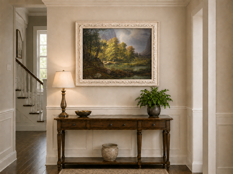 Landscape Oil Painting - Sunlit Forest Lake with Hunter and Mist