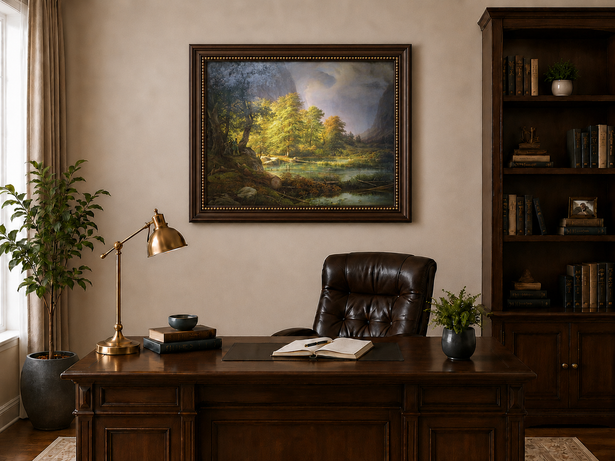 Landscape Oil Painting - Sunlit Forest Lake with Hunter and Mist