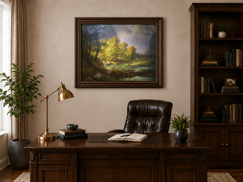 Landscape Oil Painting - Sunlit Forest Lake with Hunter and Mist