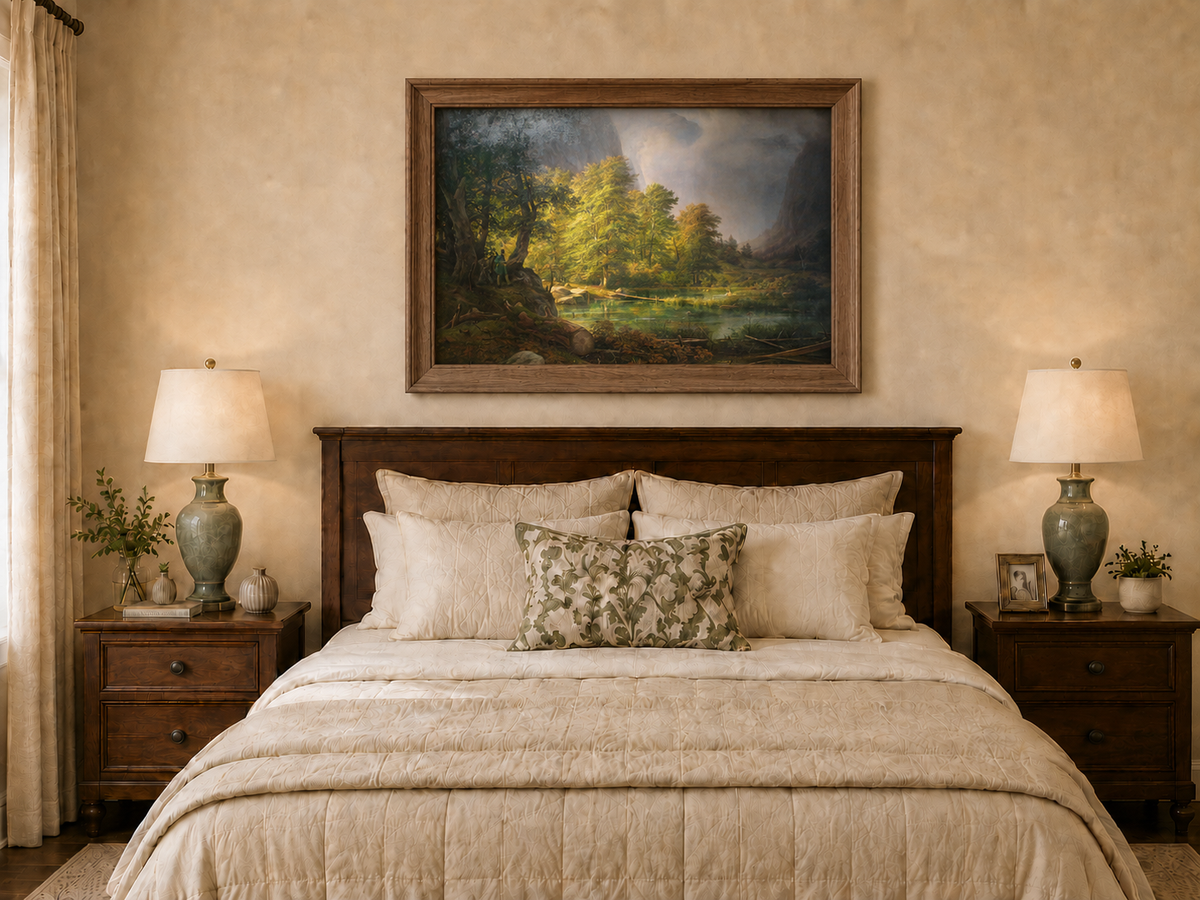 Landscape Oil Painting - Sunlit Forest Lake with Hunter and Mist