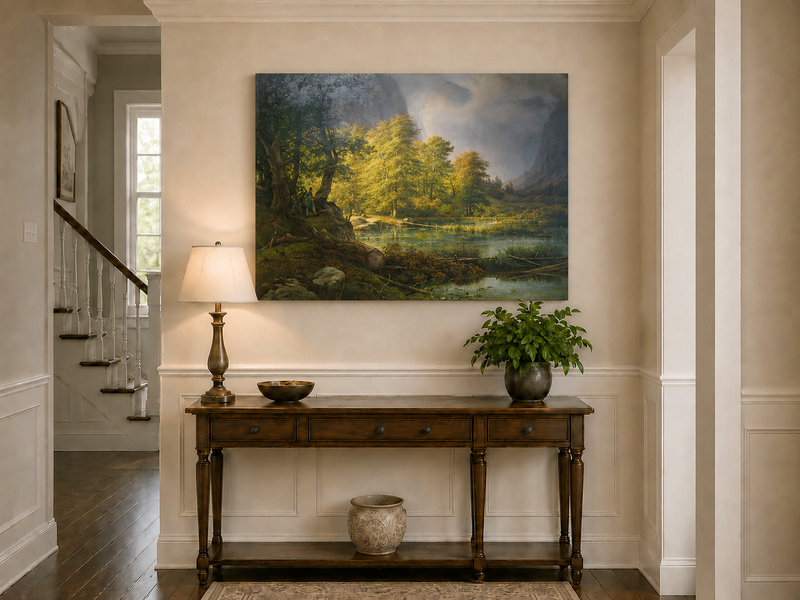 Landscape Oil Painting - Sunlit Forest Lake with Hunter and Mist