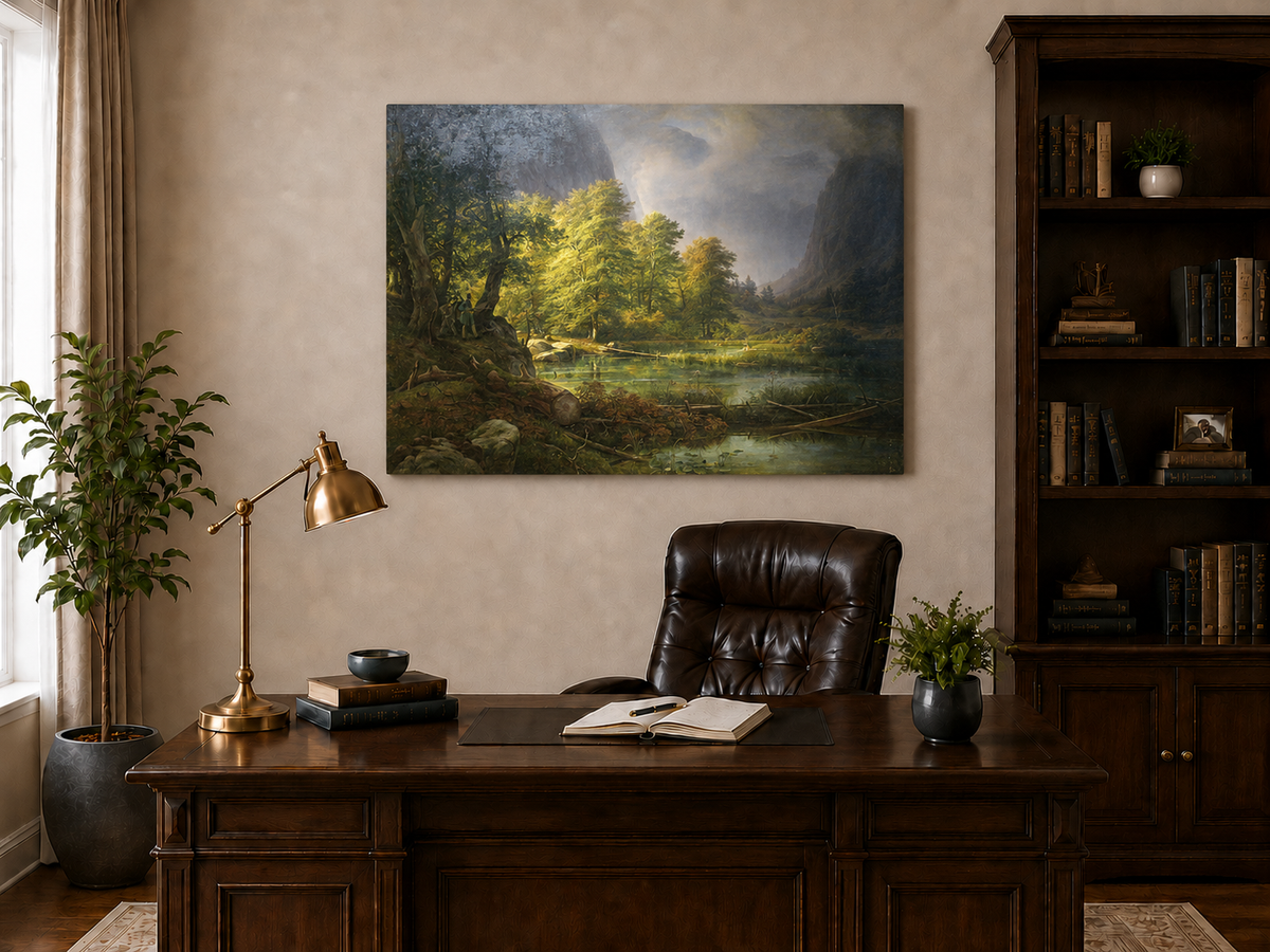 Landscape Oil Painting - Sunlit Forest Lake with Hunter and Mist