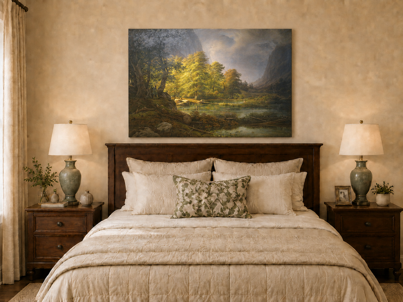 Landscape Oil Painting - Sunlit Forest Lake with Hunter and Mist