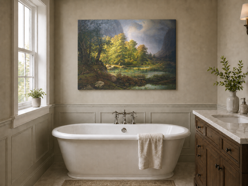 Landscape Oil Painting - Sunlit Forest Lake with Hunter and Mist