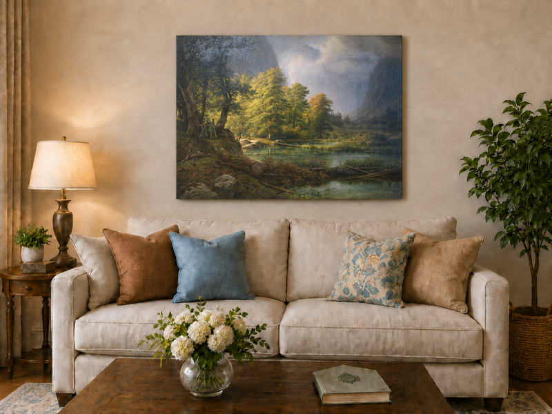 Landscape Oil Painting - Sunlit Forest Lake with Hunter and Mist