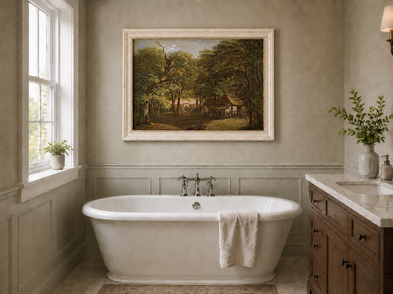 Landscape Oil Painting - Woodland Cottage with Horses and Path