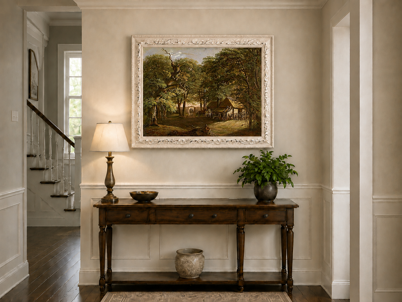 Landscape Oil Painting - Woodland Cottage with Horses and Path