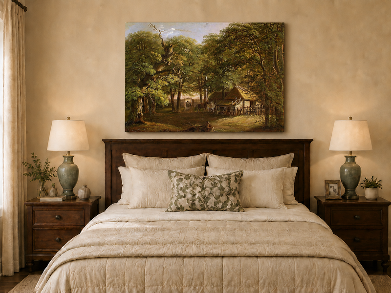 Landscape Oil Painting - Woodland Cottage with Horses and Path