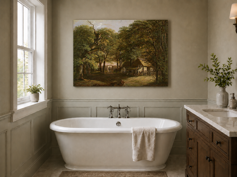 Landscape Oil Painting - Woodland Cottage with Horses and Path