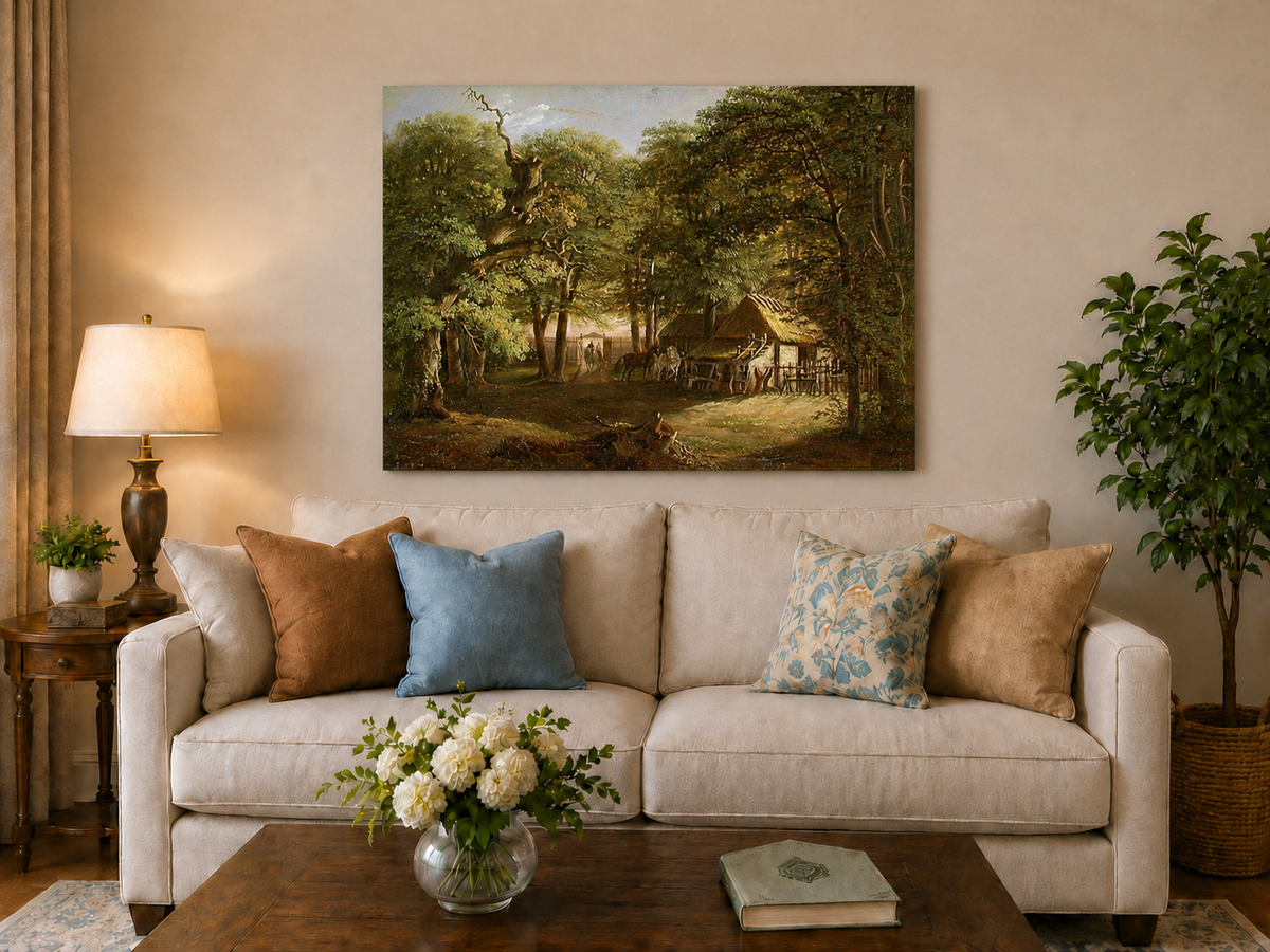Landscape Oil Painting - Woodland Cottage with Horses and Path