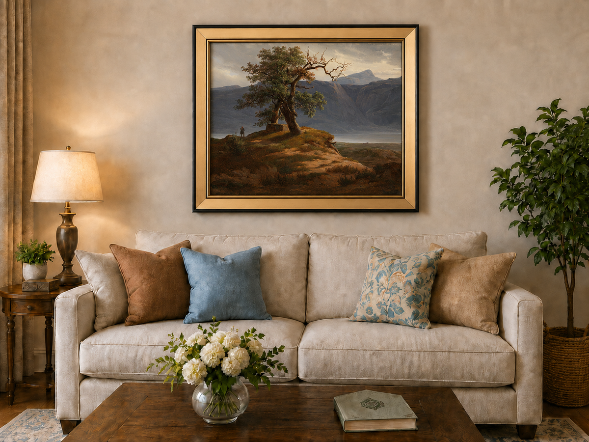 Landscape Oil Painting - Mountain View with Lone Tree and Figure