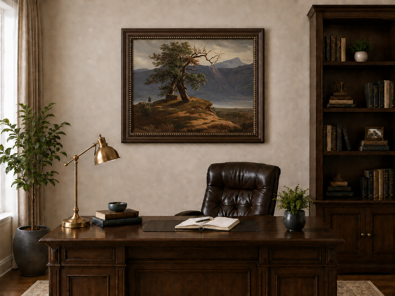 Landscape Oil Painting - Mountain View with Lone Tree and Figure