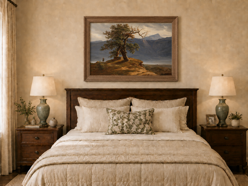 Landscape Oil Painting - Mountain View with Lone Tree and Figure