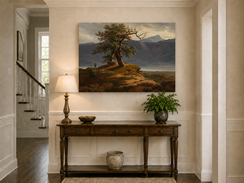 Landscape Oil Painting - Mountain View with Lone Tree and Figure