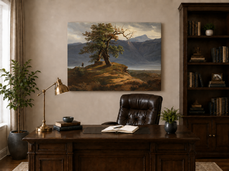 Landscape Oil Painting - Mountain View with Lone Tree and Figure