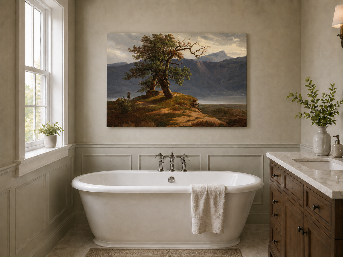Landscape Oil Painting - Mountain View with Lone Tree and Figure