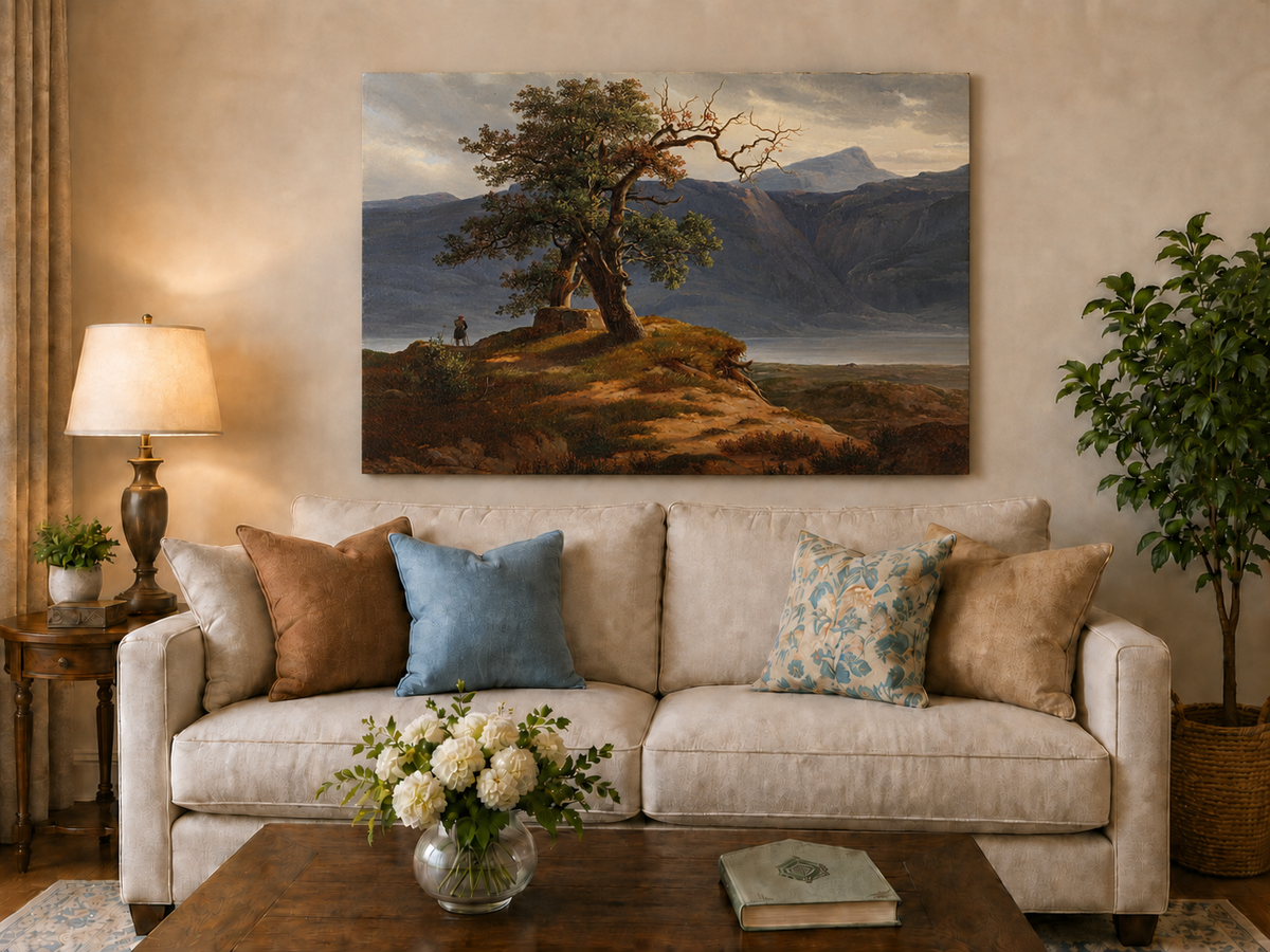 Landscape Oil Painting - Mountain View with Lone Tree and Figure