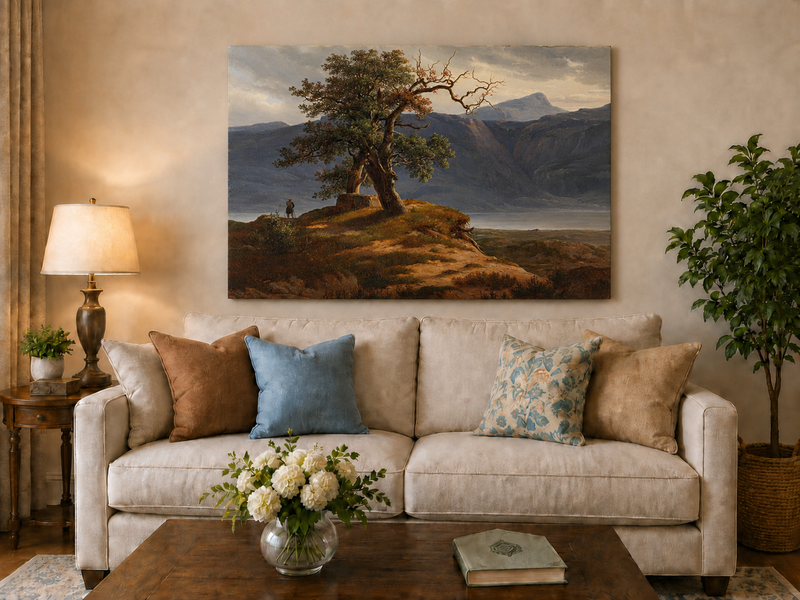 Landscape Oil Painting - Mountain View with Lone Tree and Figure