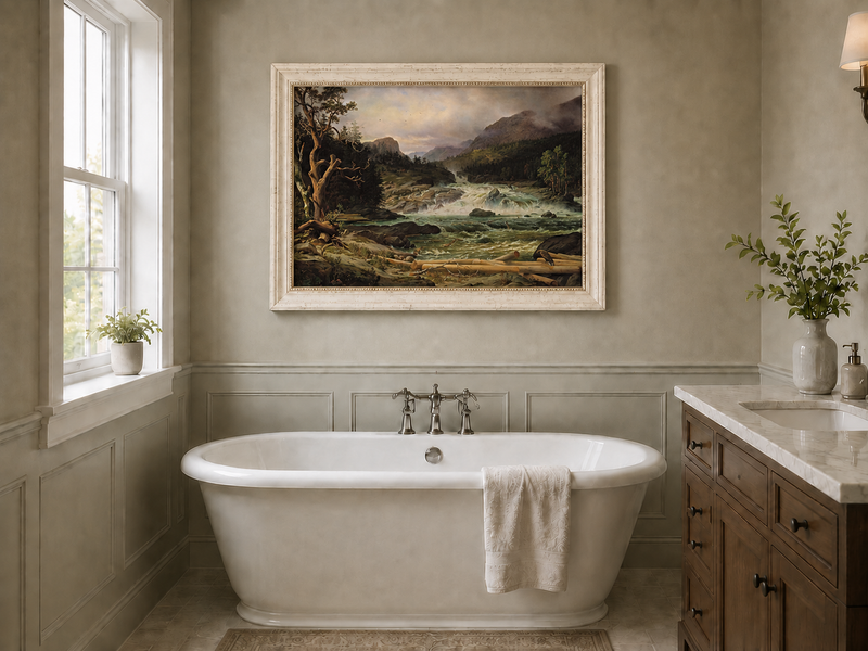 Landscape Oil Painting - Rushing River in Mountain Forest Logs
