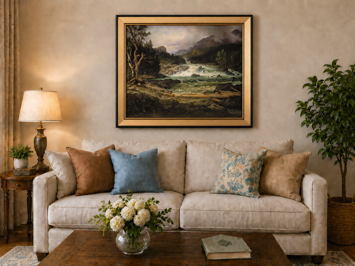 Landscape Oil Painting - Rushing River in Mountain Forest Logs