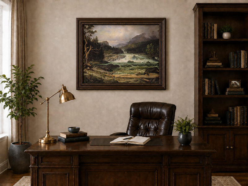 Landscape Oil Painting - Rushing River in Mountain Forest Logs