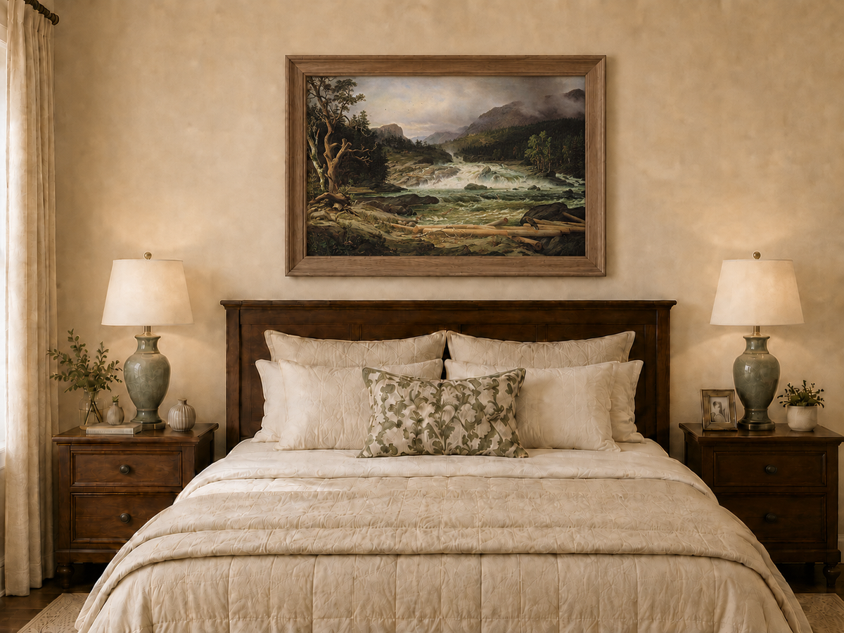 Landscape Oil Painting - Rushing River in Mountain Forest Logs