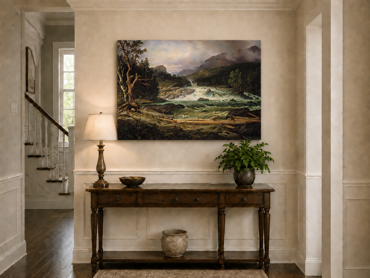 Landscape Oil Painting - Rushing River in Mountain Forest Logs