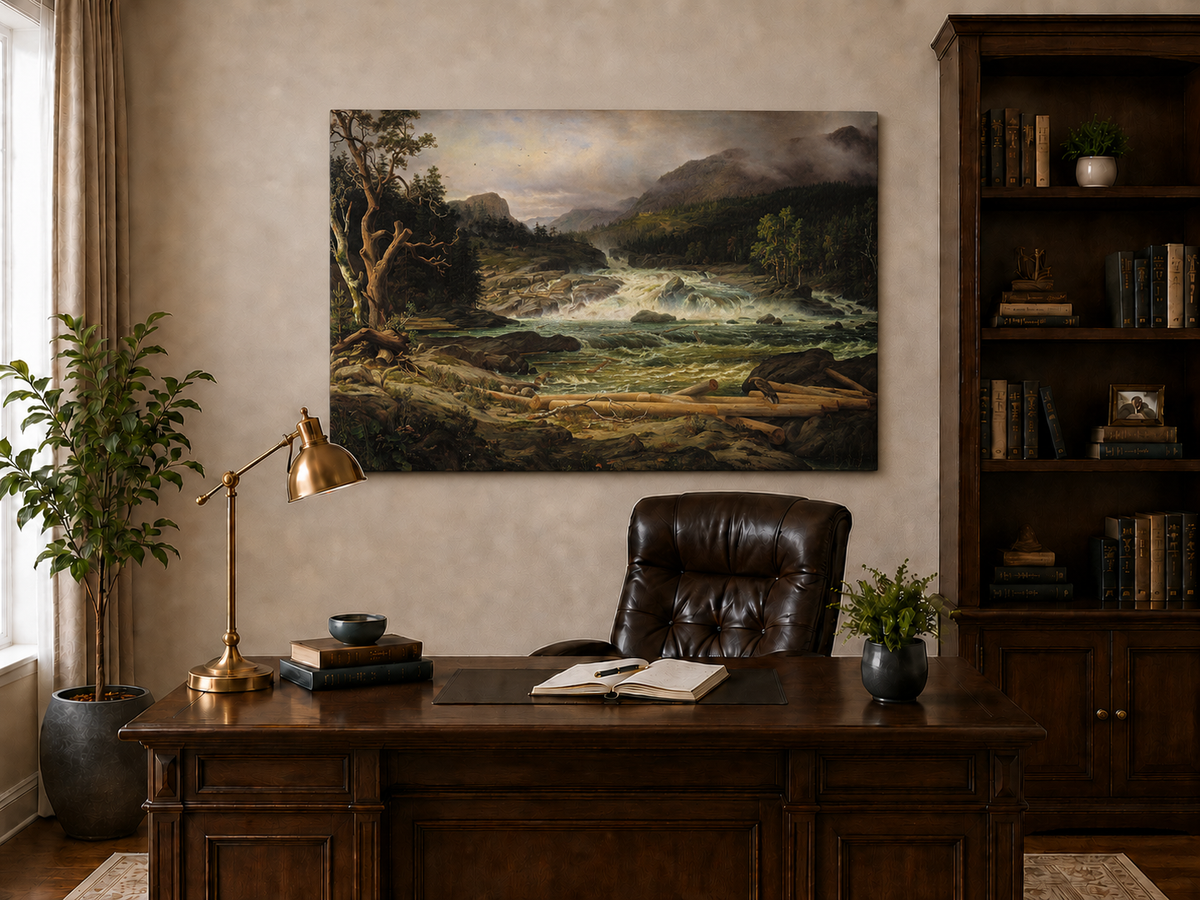 Landscape Oil Painting - Rushing River in Mountain Forest Logs