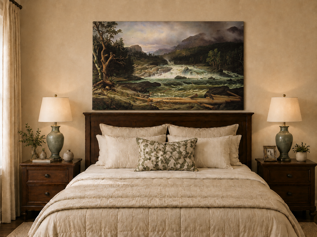 Landscape Oil Painting - Rushing River in Mountain Forest Logs