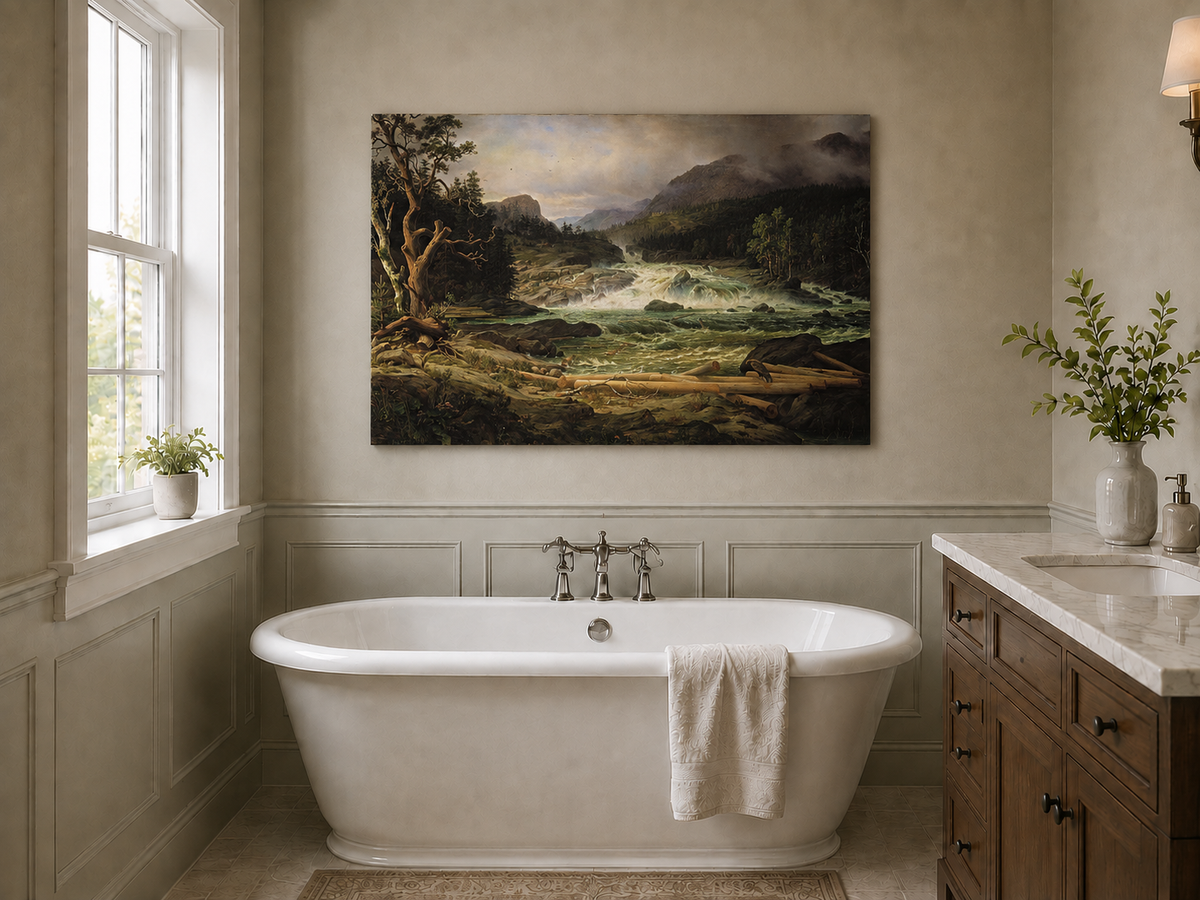 Landscape Oil Painting - Rushing River in Mountain Forest Logs