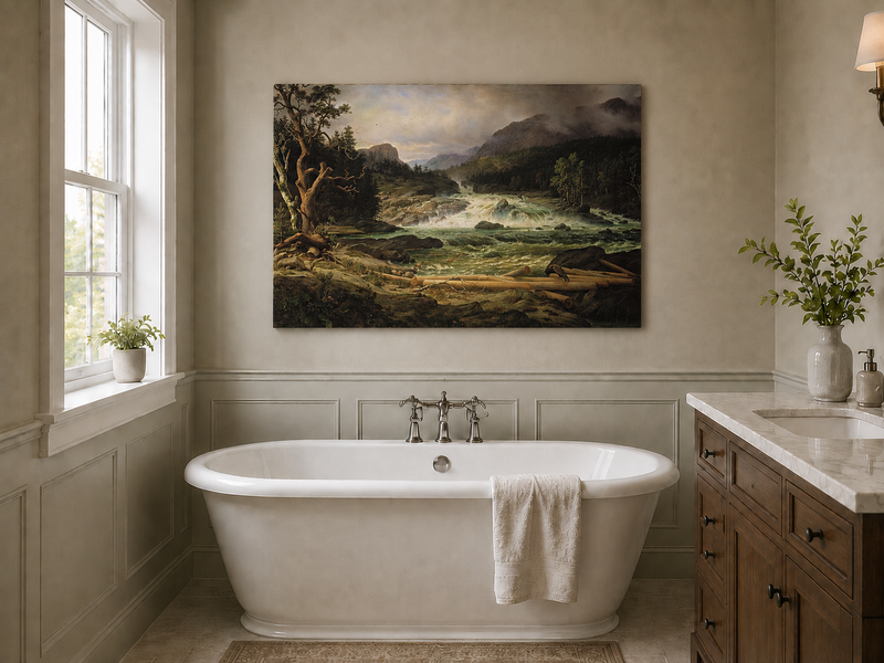 Landscape Oil Painting - Rushing River in Mountain Forest Logs