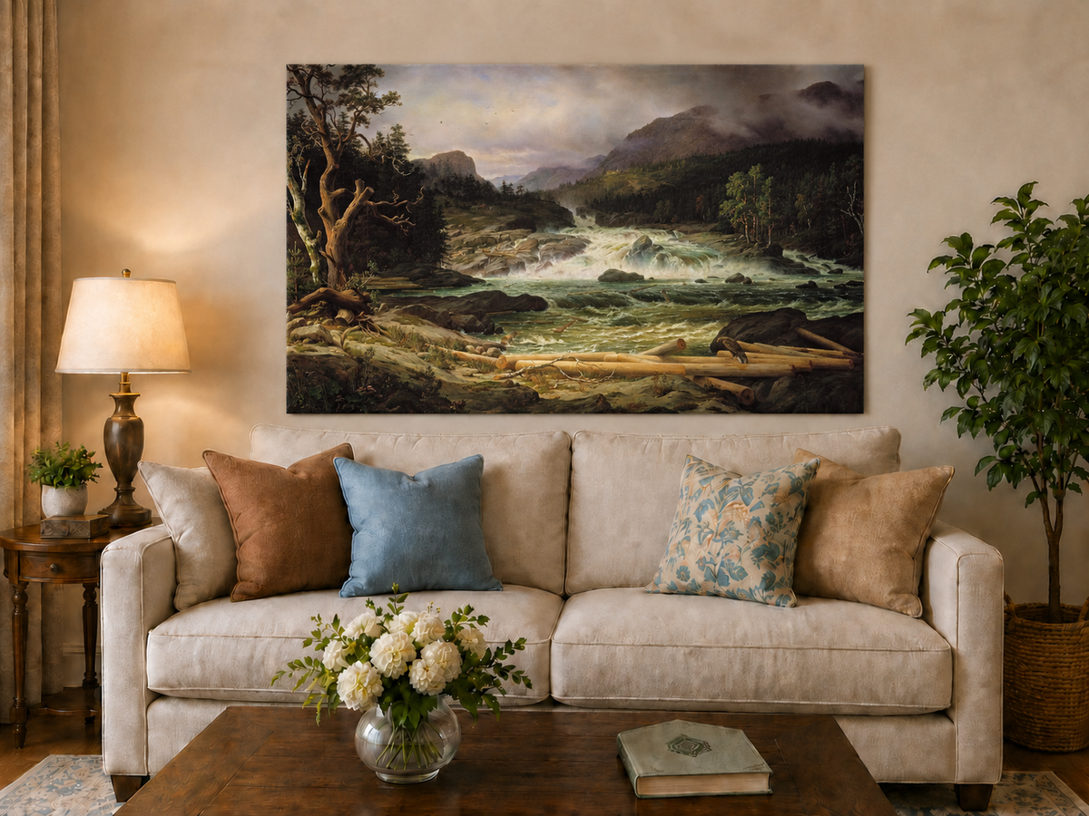 Landscape Oil Painting - Rushing River in Mountain Forest Logs