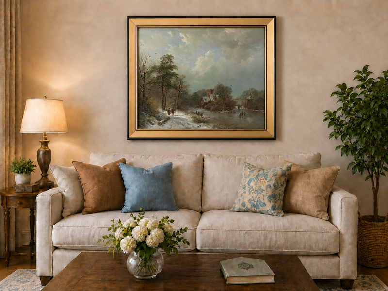 Landscape Oil Painting - Winter Castle Village by Frozen River