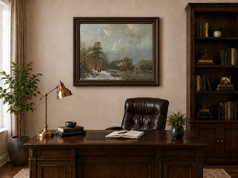 Landscape Oil Painting - Winter Castle Village by Frozen River