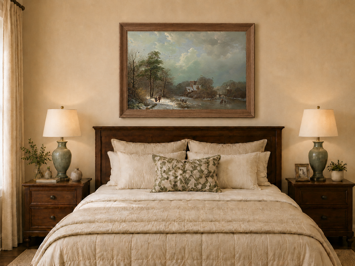 Landscape Oil Painting - Winter Castle Village by Frozen River