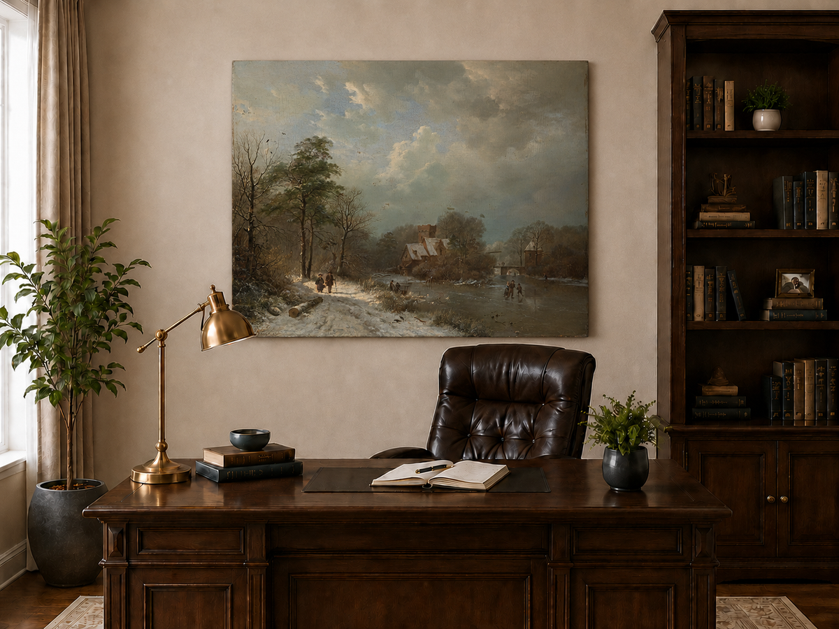 Landscape Oil Painting - Winter Castle Village by Frozen River