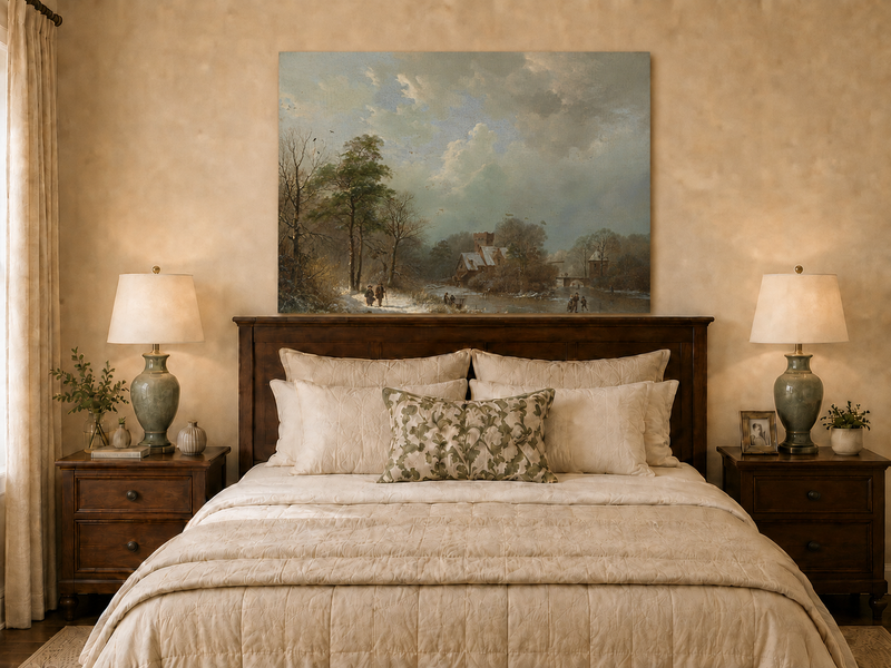 Landscape Oil Painting - Winter Castle Village by Frozen River